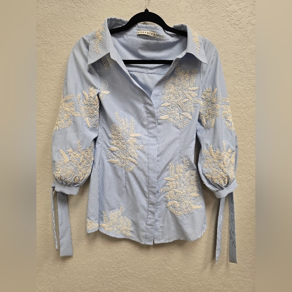 Alice + Olivia Toro Embroidered Striped Poplin Top Size XS - Picture 2 of 11